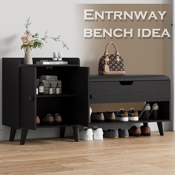 50" Entryway Shoe Bench with Hidden Storage – Shoe Organizer with Shelf & Cabinet for Bedroom, Hallway & Living Room - Image 3