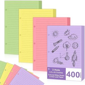 400 Sheets Colored Half-Letter Wide Ruled Loose Leaf Paper, 5.5"x8.5", 3-Hole Punched.