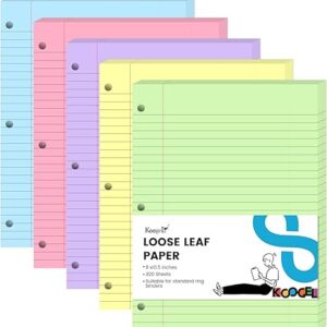 300 Sheets Wide Ruled Colorful Loose Leaf Paper (8x10.5 inch, 5 Colors) for 3-Ring Binders.