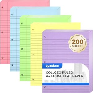200 Sheets Loose Leaf Binder Paper, Colorful College Ruled Paper, 3-Hole Punched Notebook Paper for School Office, 8" x 10.5”