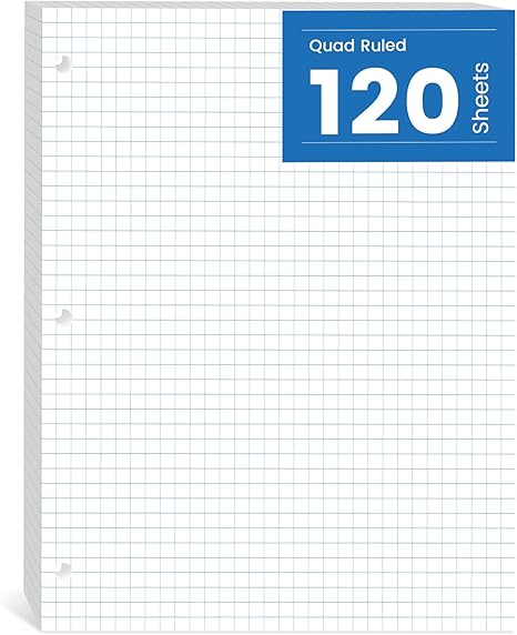 120 Sheets Graph Paper Loose Leaf – 8 x 10.5 in, 4x4 Quad Ruled, 3-Hole Punched for Binders, Engineering & Sketching Notes