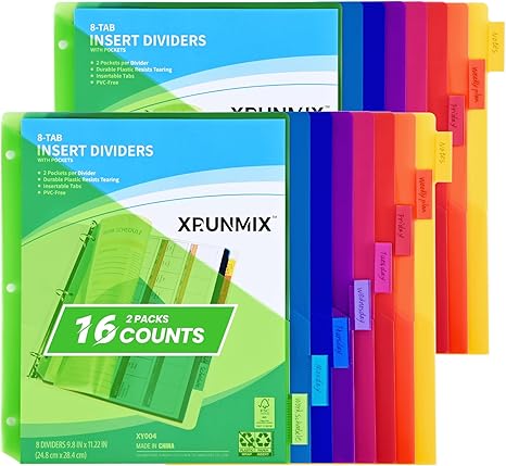 2-pack 8-tab colorful plastic index pockets for 3-ring binders (US Letter)