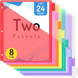 24 Count Dividers with Two Pockets, 8 tab Binder Dividers for 3 Ring Binder Organizer, Multicolor, 3 Sets