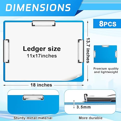 8-Pack 11x17 Clipboards, Three-Clip Blue Drawing Boards for Art, School & Office - Image 2
