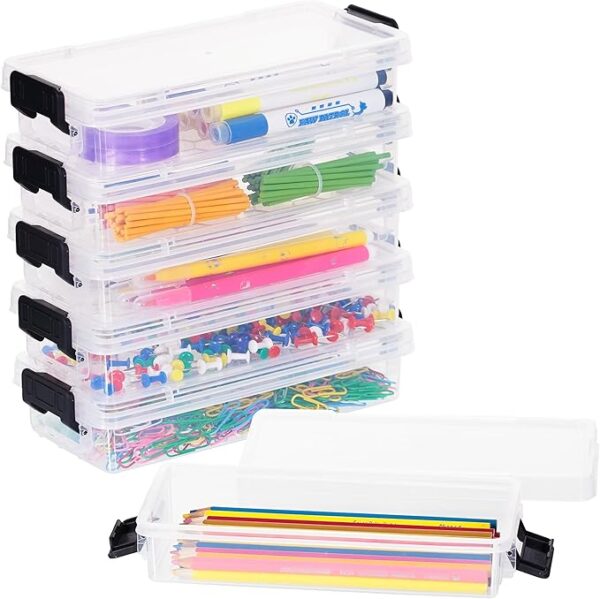 6-Pack Clear Plastic Pencil Boxes with Latching Lids, Stackable Organizer for Art & School Supplies