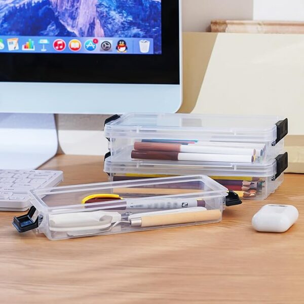 6-Pack Clear Plastic Pencil Boxes with Latching Lids, Stackable Organizer for Art & School Supplies - Image 3