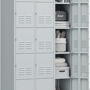15-Door Metal Lockers with Shelves, Lockable Steel Cabinet, Grey, for School, Gym & Office