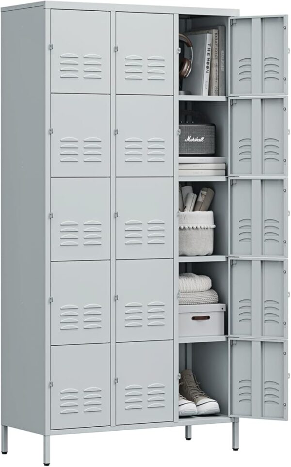 15-Door Metal Lockers with Shelves, Lockable Steel Cabinet, Grey, for School, Gym & Office