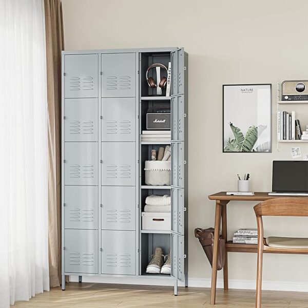 15-Door Metal Lockers with Shelves, Lockable Steel Cabinet, Grey, for School, Gym & Office - Image 2