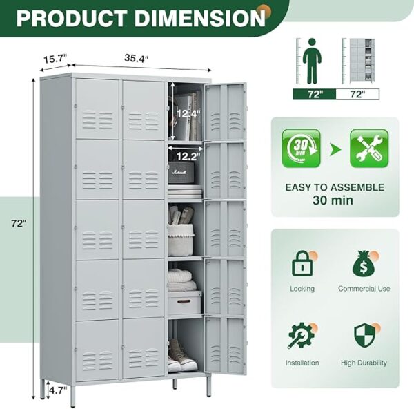 15-Door Metal Lockers with Shelves, Lockable Steel Cabinet, Grey, for School, Gym & Office - Image 3
