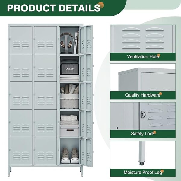 15-Door Metal Lockers with Shelves, Lockable Steel Cabinet, Grey, for School, Gym & Office - Image 4