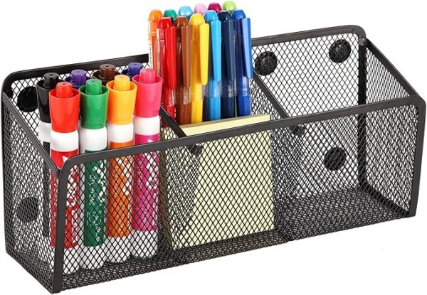 Mesh Pencil Holder, Extra Strong Magnets, 3 Baskets, Black