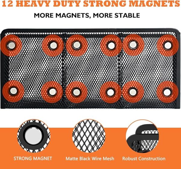 Mesh Pencil Holder, Extra Strong Magnets, 3 Baskets, Black - Image 2