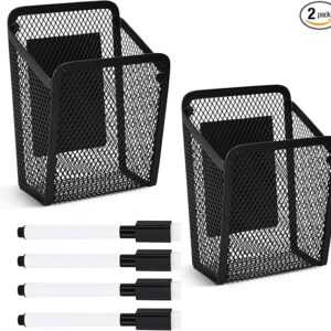 2-Pack Magnetic Metal Mesh Pen Holders with 2 Whiteboard Pens, for Fridge & Office