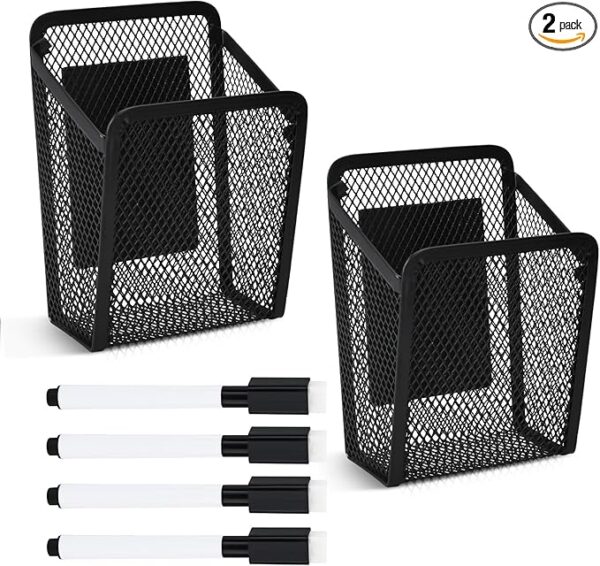 2-Pack Magnetic Metal Mesh Pen Holders with 2 Whiteboard Pens, for Fridge & Office