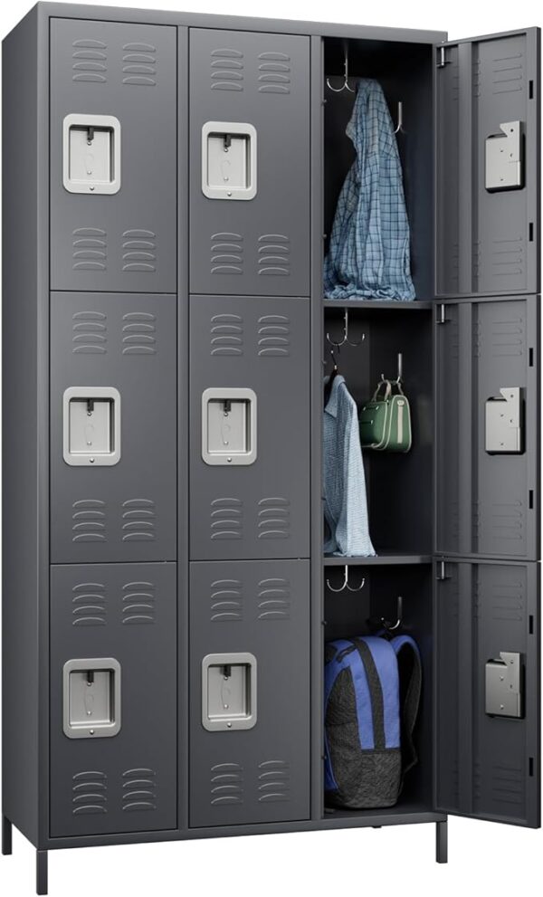 9-Door Metal Employee Lockers with Hooks, Dark Gray, Assembly Required
