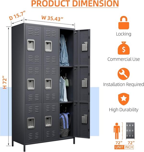 9-Door Metal Employee Lockers with Hooks, Dark Gray, Assembly Required - Image 3