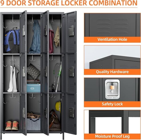 9-Door Metal Employee Lockers with Hooks, Dark Gray, Assembly Required - Image 4