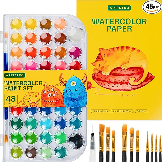 48-Color Washable Watercolor Set with Paper, 2 Brushes, Refillable Water Brush & Palette for Kids & Adults