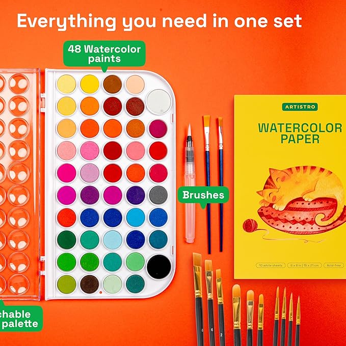 48-Color Washable Watercolor Set with Paper, 2 Brushes, Refillable Water Brush & Palette for Kids & Adults - Image 2