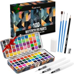 100-Color Watercolor Set with 3 Brushes – Vibrant Neon, Pastel & Metallic Paints for Adults & Kids