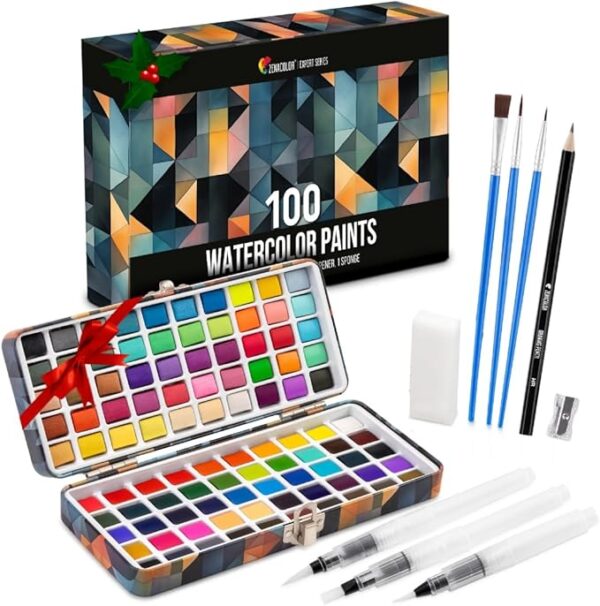 100-Color Watercolor Set with 3 Brushes – Vibrant Neon, Pastel & Metallic Paints for Adults & Kids