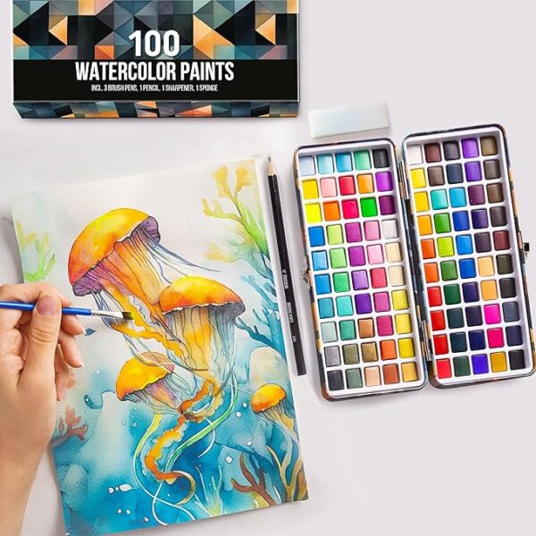 100-Color Watercolor Set with 3 Brushes – Vibrant Neon, Pastel & Metallic Paints for Adults & Kids - Image 2