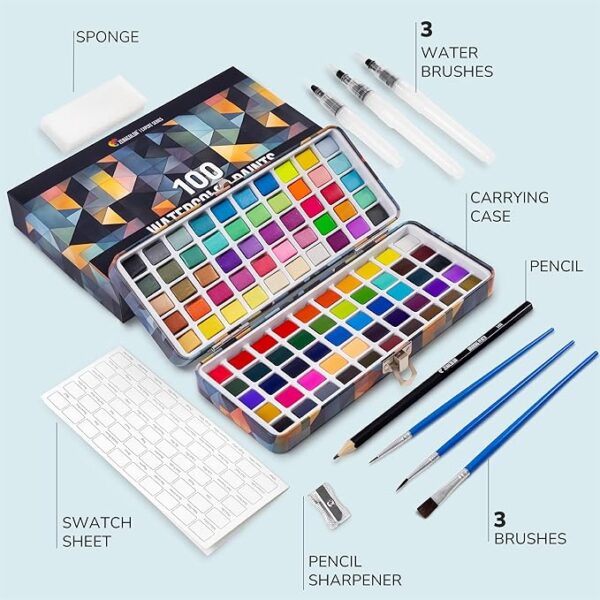 100-Color Watercolor Set with 3 Brushes – Vibrant Neon, Pastel & Metallic Paints for Adults & Kids - Image 3
