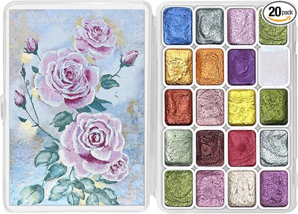 20-Color Mini Shimmer Watercolor Set, Metallic Glitter Paints, Rococo Style
