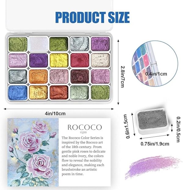20-Color Mini Shimmer Watercolor Set, Metallic Glitter Paints, Rococo Style - Image 2