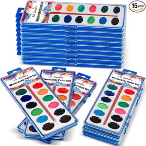 15-Pack Washable Watercolors, 16 Colors, with Brushes for Kids & Adults
