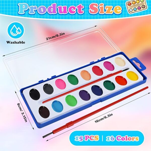 15-Pack Washable Watercolors, 16 Colors, with Brushes for Kids & Adults - Image 2