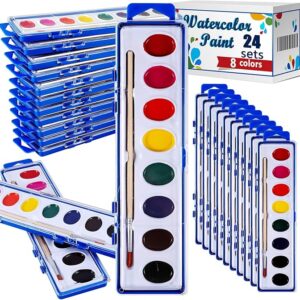 24 Pack Kids Watercolor Paint Sets: 8 Colors, Washable with Brushes