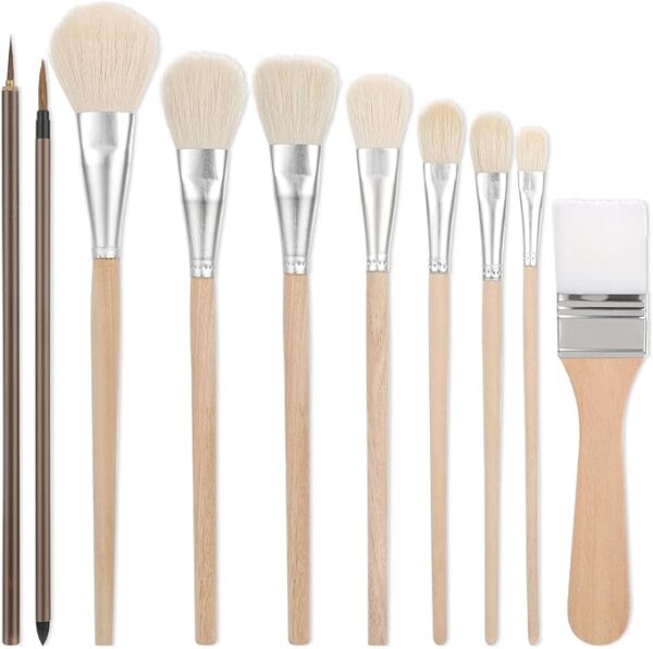 10 Pcs Pottery Glaze Brushes Set – Goat Hair Blend Mop Brushes for Ceramic, Watercolor, Art, Kids & Adults
