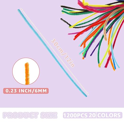 1200PCS Multi-Color Pipe Cleaners, 20 Colors Chenille Stems for DIY Crafts (6mm x 12") - Image 2