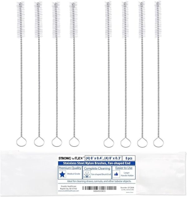 Nylon Straw Cleaner Brushes, Fan-Shaped End, 8" Long, Set of 8 with Zippered Pouch