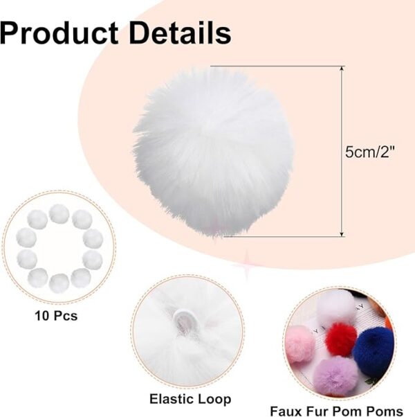 10PCS 2" White Faux Fur Pom Pom Balls with Elastic Loop for DIY Hats & Accessories - Image 2
