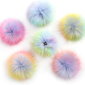 Pack of 6 Detachable Faux Fox Fur Pom Poms for Hats with Snap 4.3inch/11CM DIY Handmade Accessories(Rainbow)