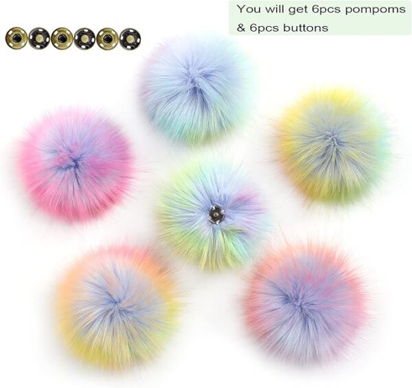 Pack of 6 Detachable Faux Fox Fur Pom Poms for Hats with Snap 4.3inch/11CM DIY Handmade Accessories(Rainbow) - Image 2