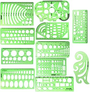 11-Pc Transparent Green Geometric Drawing Template & Ruler Set with Bag