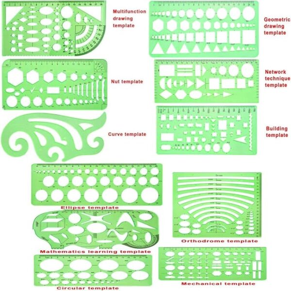 11-Pc Transparent Green Geometric Drawing Template & Ruler Set with Bag - Image 2
