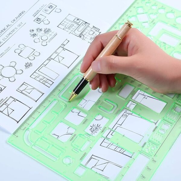 11-Pc Transparent Green Geometric Drawing Template & Ruler Set with Bag - Image 3