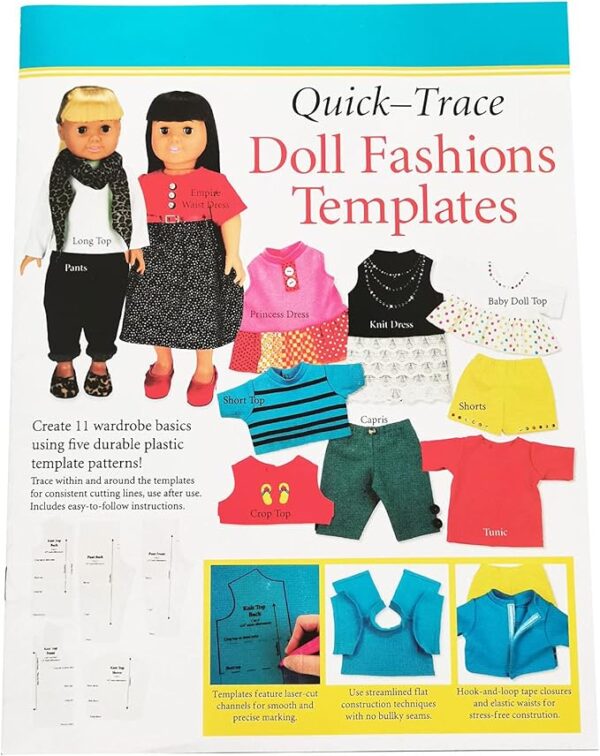 Quilting Rulers & Templates Set: 5 Doll Fashion Patterns for Quick-Trace Sewing - Image 3