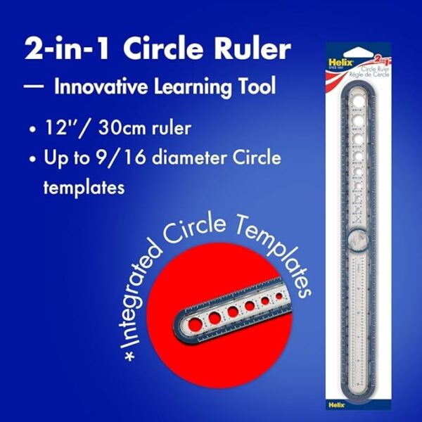 2-in-1 12in Ruler with Circle Templates – Innovative Learning Tool, Assorted Colors (36001) - Image 2