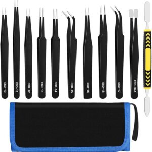 11-Pc Precision ESD Tweezers Set – Anti-Static Stainless Steel with Storage Bag