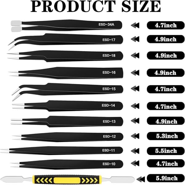 11-Pc Precision ESD Tweezers Set – Anti-Static Stainless Steel with Storage Bag - Image 3