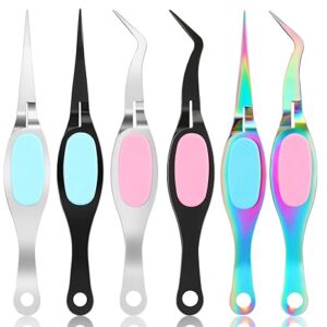 6-Piece Stainless Steel Craft Tweezers: Curved, Locking, Soft Grip