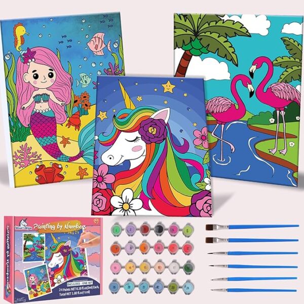 3-Pack Paint-by-Numbers Kit – Framed Canvases with Paints & Brushes for Kids