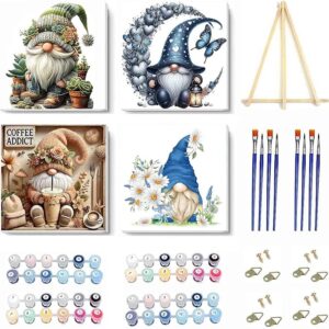 4-Pack Gnome Paint by Numbers Kit – 12x12in Frame & Easel for Beginners