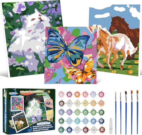 Glow-in-the-Dark Paint-by-Numbers Set (Ages 8-12): 3 Framed Canvases, 30 Paints, 5 Brushes